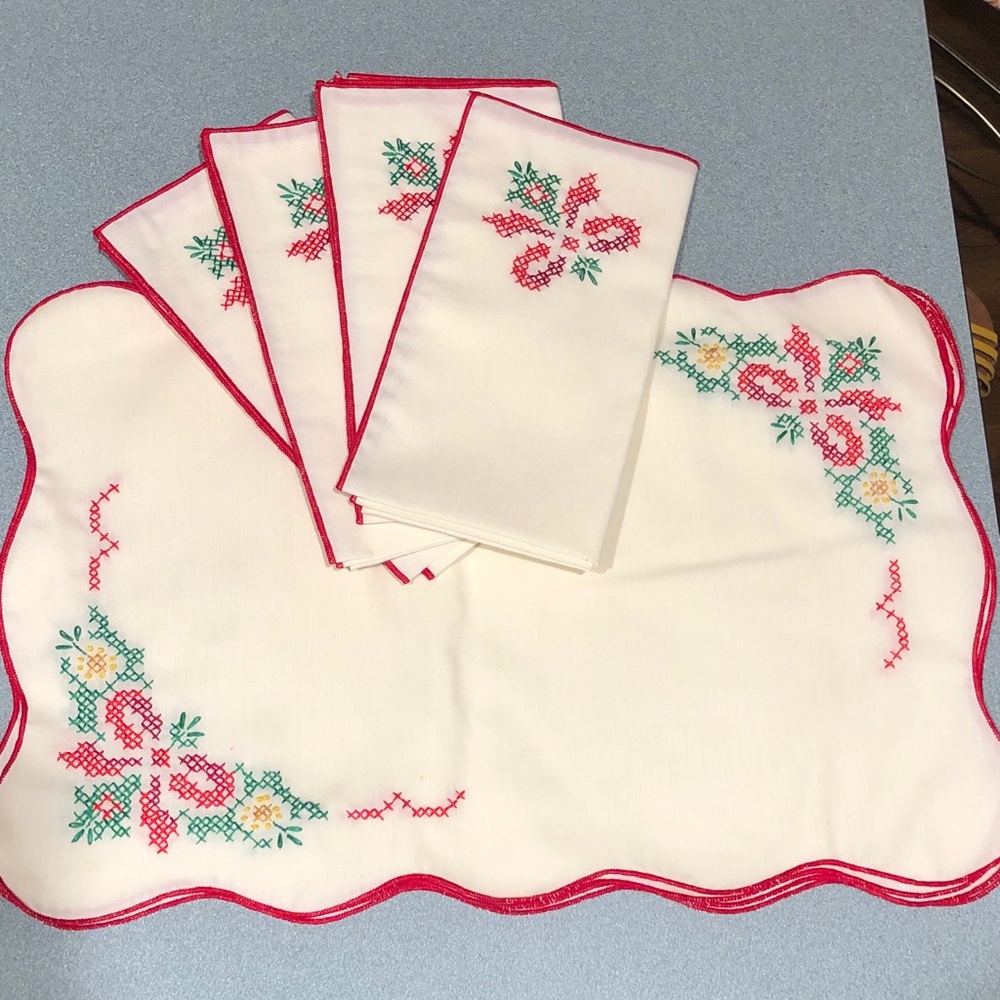 Embroidered Table Linens with Red Trim